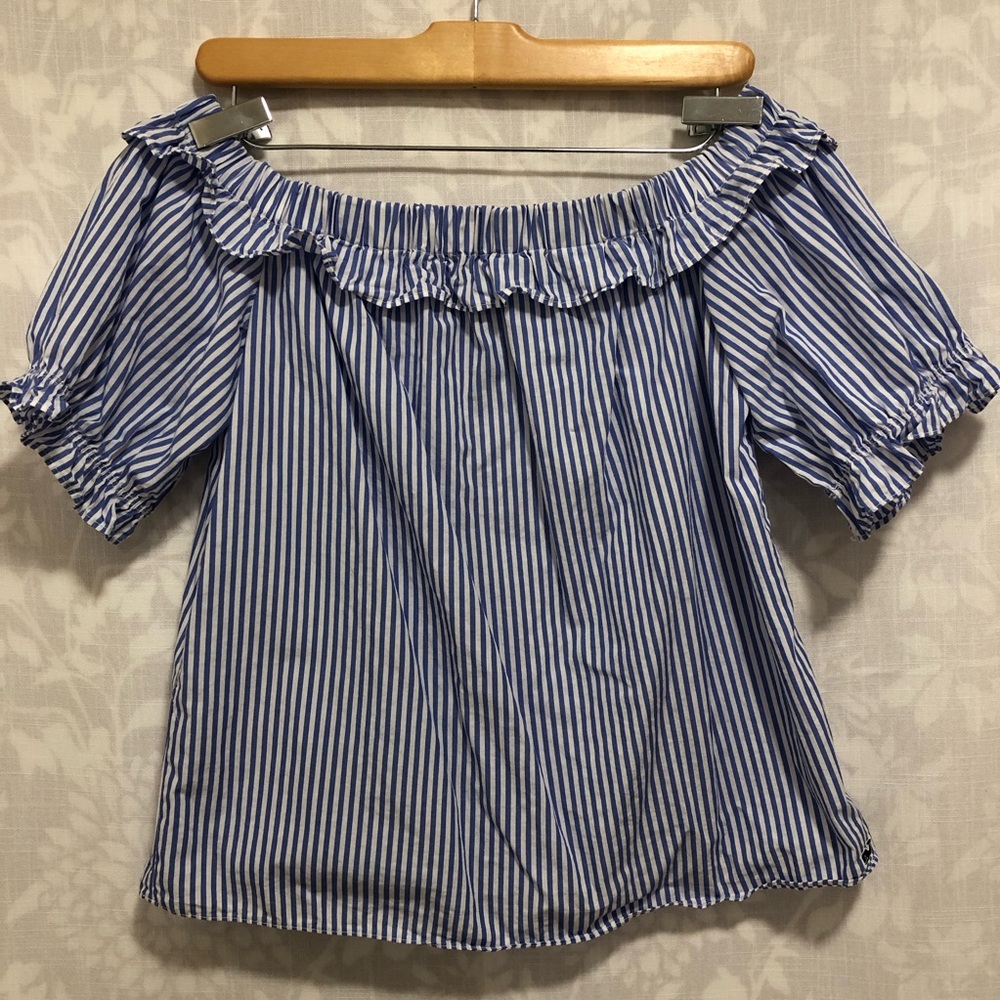 Womens Cropped Milkmaid Blue Striped Off the Shoulder Ruffle Top